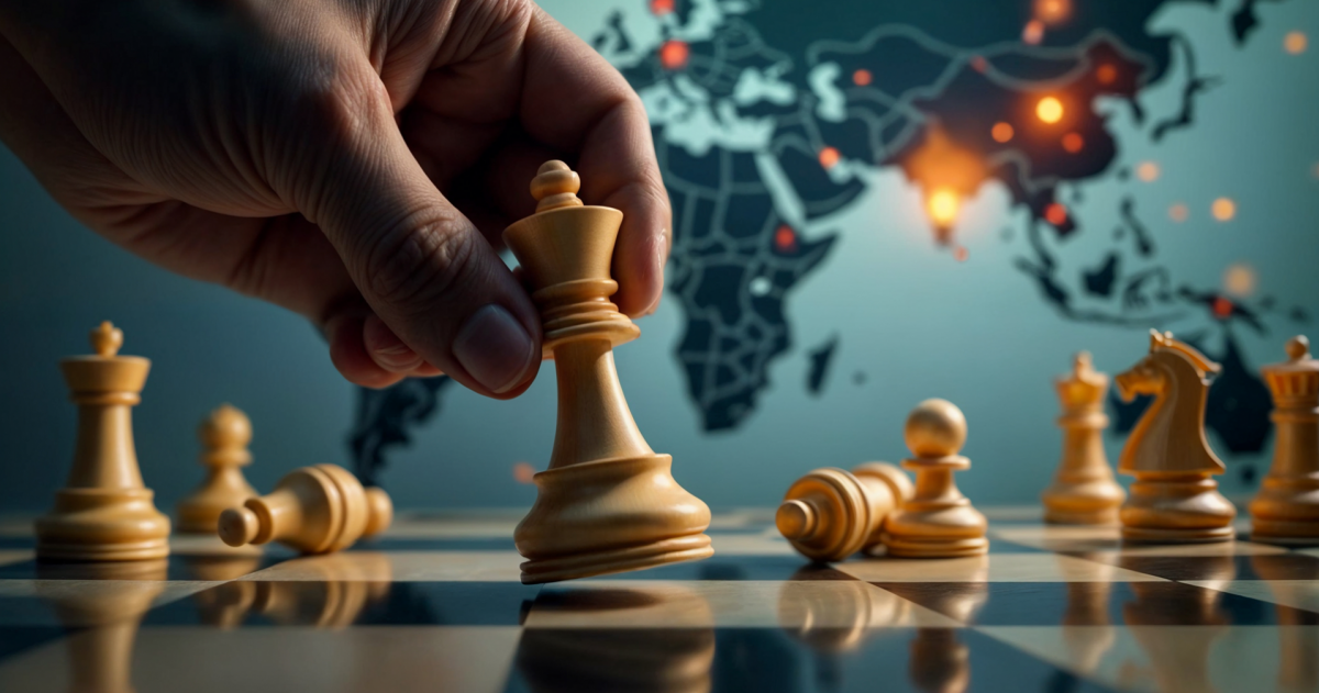 Prinsjesdag geopolitiek; op de achtergrond een wereldkaart en op de voorgrond een schaakstpel met een hand